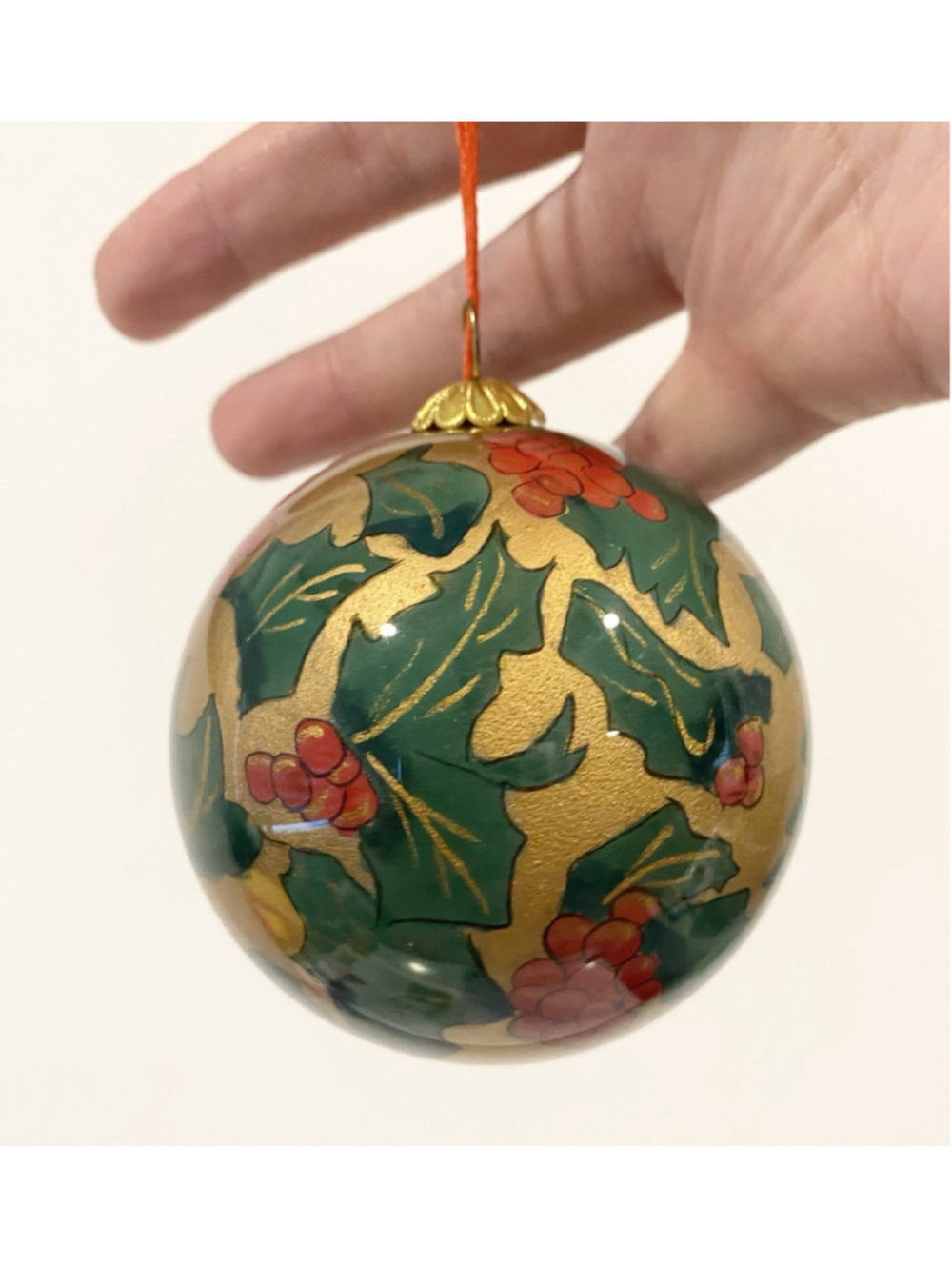 Vintage Hand Painted Glass Holly Berry Christmas Ball Ornament Gold w/ Box
